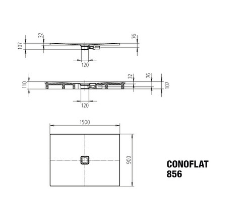 Technische Zeichnung einer Conoflat Duschwanne mit Maßangaben
