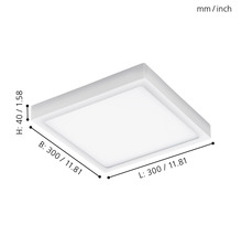 Quadratische LED Deckenleuchte mit den Maßen 300 x 300 x 40 Millimeter.