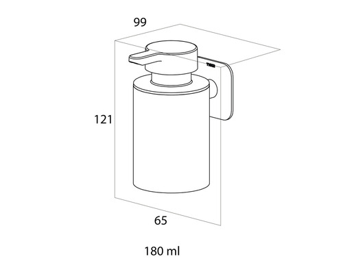 Technische Zeichnung eines Seifenspenders mit den Maßen 99, 121 und 65 Millimeter und einem Volumen von 180 Milliliter
