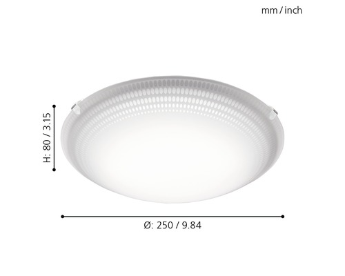 Runde Deckenleuchte mit den Maßen 250 mm Durchmesser und 80 mm Höhe.