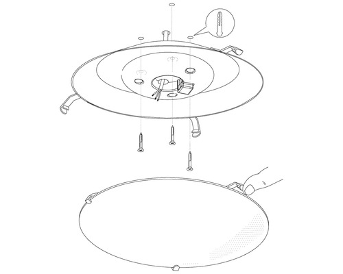 Montageanleitung für eine Deckenleuchte, die zeigt, wie die Lampe an der Decke befestigt wird
