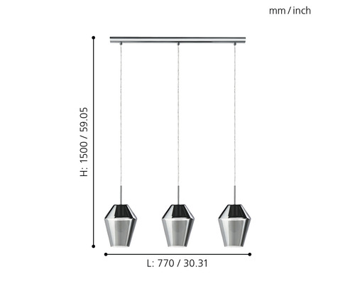 Technische Zeichnung einer Pendelleuchte mit drei Lampen und Maßangaben