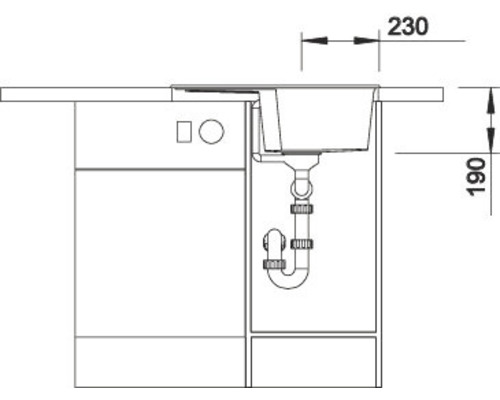 Zeichnung einer Spüle mit Unterschrank und Maßangaben
