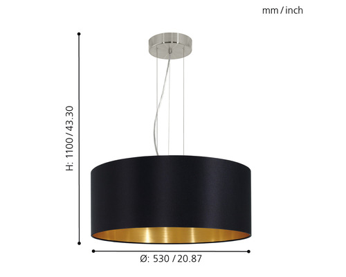Hängelampe mit schwarzem Lampenschirm und goldenem Innenraum, Durchmesser 530 Millimeter und Höhe 1100 Millimeter