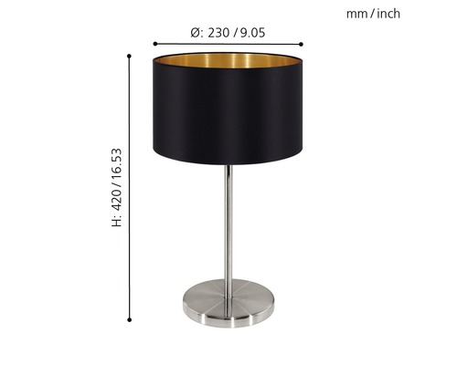 Tischleuchte mit schwarzem Schirm und Metallfuß, Abmessungen 420 x 230 Millimeter