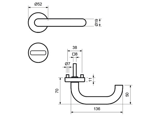 Technische Zeichnung eines Türdrückers mit Rosette und Maßen