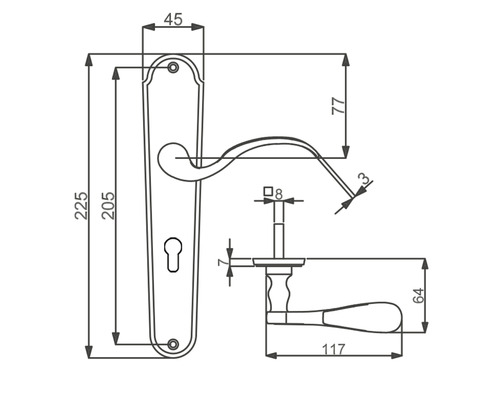 Technische Zeichnung eines Türdrückers mit Maßangaben