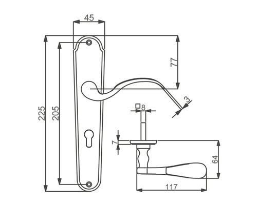 Technische Zeichnung eines Türbeschlags mit Maßangaben