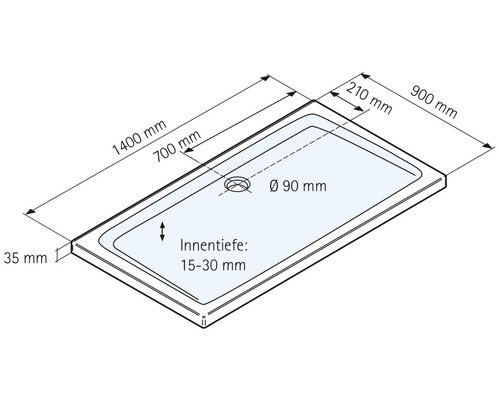 Technische Zeichnung einer Duschwanne mit Maßangaben
