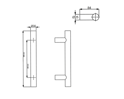 Technische Zeichnung eines Stangengriffs mit Maßangaben