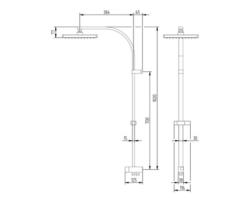 Technische Zeichnung einer Duschsäule mit Maßangaben
