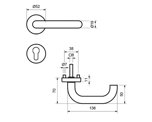 Technische Zeichnung eines Türgriffs mit Maßangaben