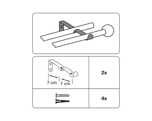 Illustration einer doppelten Gardinenstange mit Halterungen und Montagezubehör