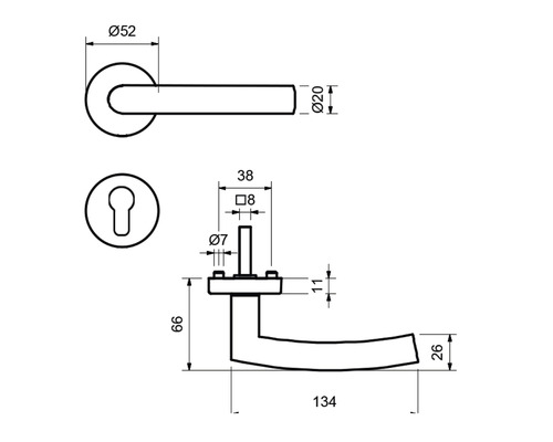 Technische Zeichnung eines Türdrückers mit Maßangaben