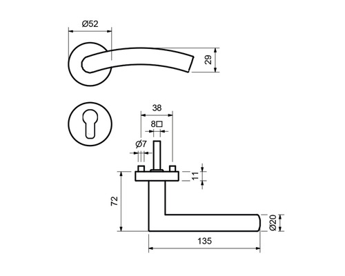Technische Zeichnung eines Türgriffs mit Maßangaben