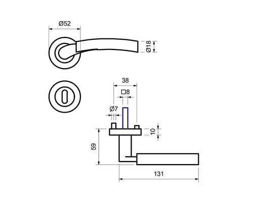 Technische Zeichnung eines Türdrückers mit Maßangaben