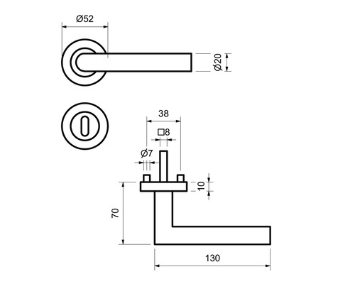 Technische Zeichnung einer Türklinke mit Maßen.