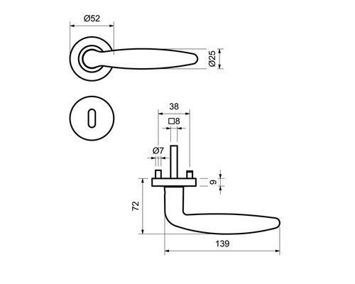 Technische Zeichnung einer Türklinke mit Maßangaben