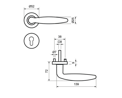 Technische Zeichnung einer Türgarnitur mit Maßen.