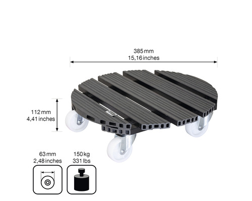 Pflanzenroller aus Kunststoff mit Rollen, Durchmesser 385 Millimeter, Traglast 150 Kilogramm