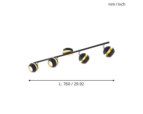 Deckenleuchte mit vier Leuchten und einer Länge von 760 Millimetern.