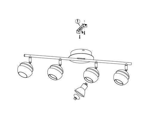 Illustration einer Deckenleuchte mit vier Strahlern und Montageanleitung