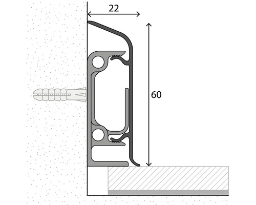 Installationsschema für Abschlussprofil mit den Maßen 22 und 60 Millimeter
