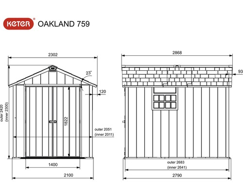 Technische Zeichnung Gartenhaus Keter Oakland 759 mit Maßangaben