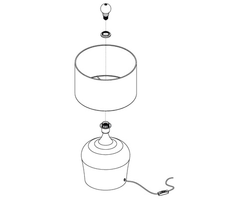 Explosionszeichnung einer Tischleuchte mit Lampenschirm, Fassung und Leuchtmittel