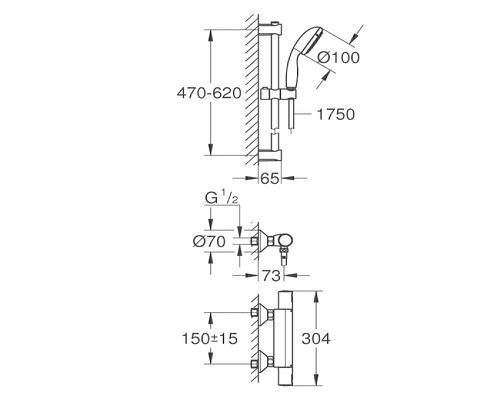Technische Zeichnung Duschset mit Maßangaben