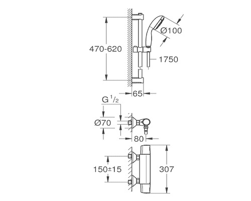 Technische Zeichnung einer Duschstange mit Handbrause und Maßangaben