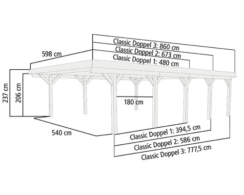 Technische Zeichnung eines Holzpavillons mit Maßangaben