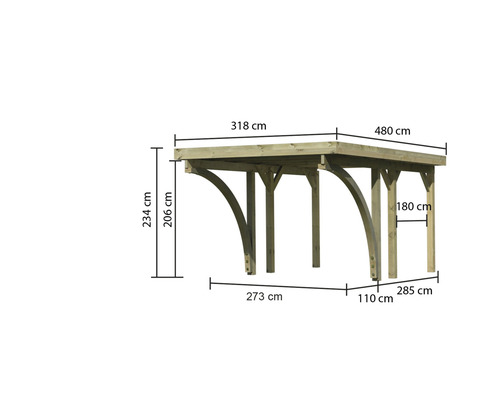 Abmessungen einer Holzpergola mit Breiten, Tiefen und Höhenangaben.