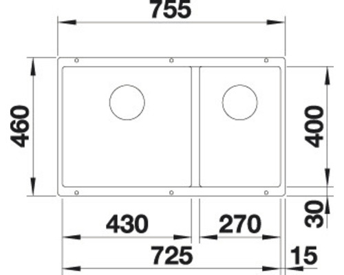 Technische Zeichnung einer Doppelspüle mit Maßangaben