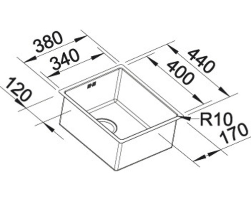 Technische Zeichnung einer Spüle mit Maßangaben