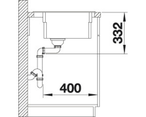 Zeichnung einer Spüle mit Siphon und Maßangaben für die Installation