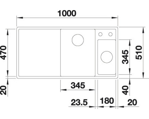 Technische Zeichnung einer Küchenspüle mit Abmessungen
