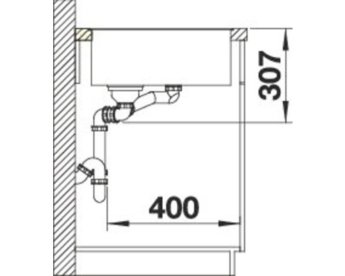 Technische Zeichnung eines Spülbeckens mit Abmessungen 307 und 400.