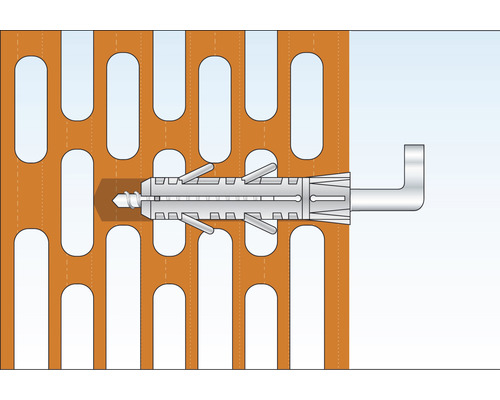 Kunststoffspreizdübel mit Hakenschraube in Lochplatte