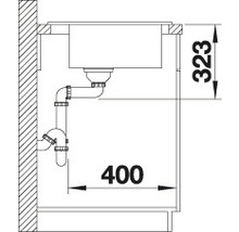Technische Zeichnung eines Spülbeckens mit Maßangaben für die Montage