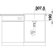 Skizze eines Spülbeckens mit Abmessungen 307,5 x 190 mm