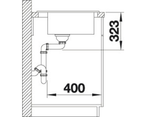 Technische Zeichnung einer Spüle mit den Maßangaben 323 und 400.