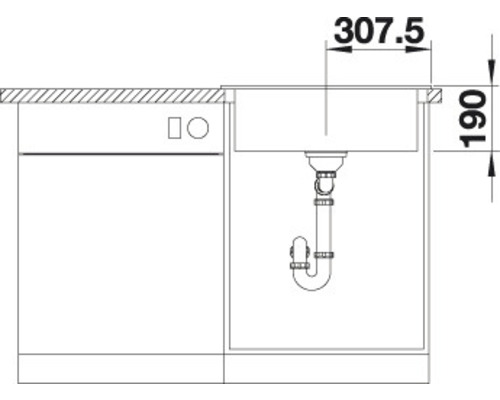Technische Zeichnung eines Spülbeckens mit Abmessungen 307,5 mal 190 Millimeter