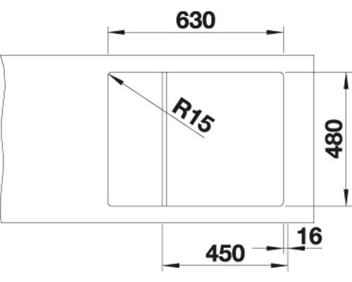 Technische Zeichnung einer Spüle mit den Maßen 630 x 480 mm und einem Radius von 15 mm