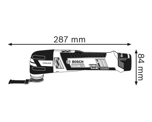 Abbildung eines Multifunktionswerkzeugs mit den Maßangaben 287 mm Länge und 84 mm Höhe