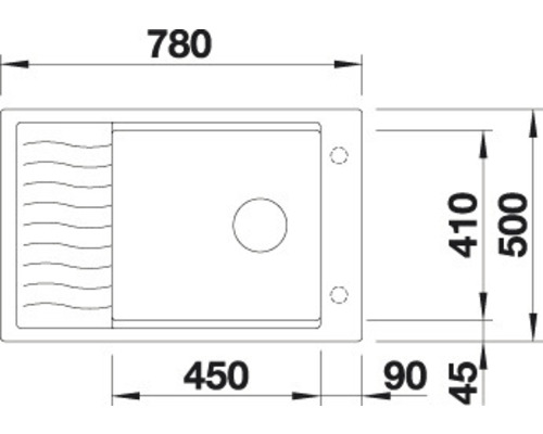 Technische Zeichnung eines Spülbeckens mit den Maßen 780 x 500 mm