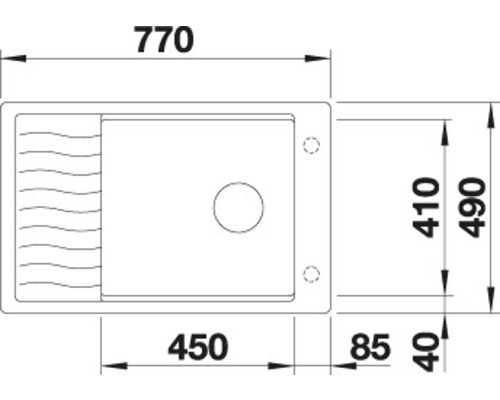 Technische Zeichnung eines Spülbeckens mit Maßangaben