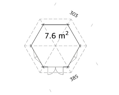 Grundrisszeichnung eines Gartenhauses mit 7,6 Quadratmetern Fläche