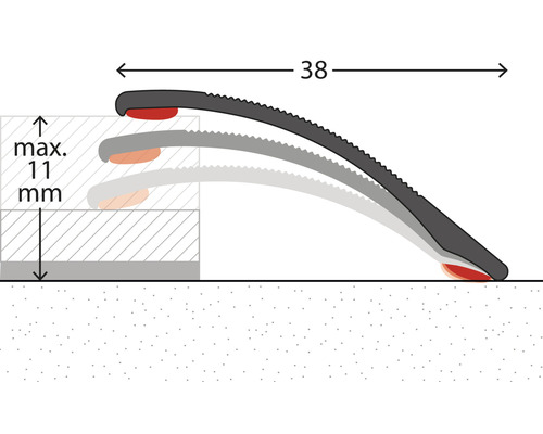Anpassungsprofil Alu silber selbstklebend 38x900mm Illustration einer Türrampe mit einer maximalen Höhe von 11 Millimeter und einer Länge von 38 Millimeter.