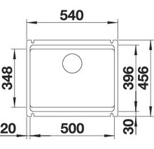 Technische Zeichnung einer Spüle mit Maßangaben.